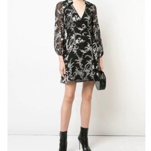 Alice + Olivia Gaston Silk Wrap Dress Black Blouson Sleeve Bird Print Size 2